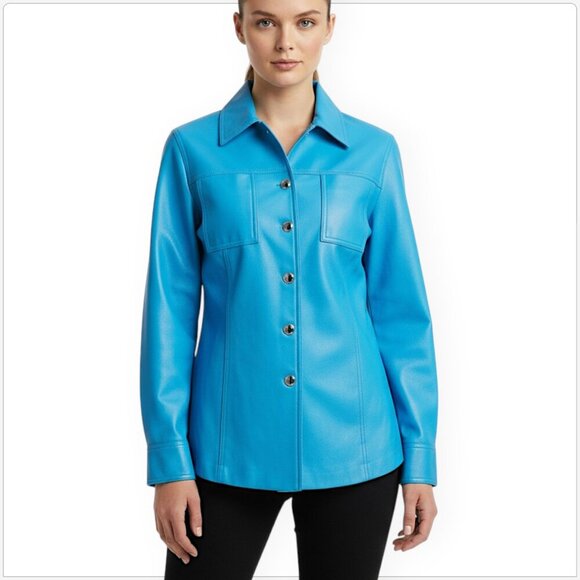 St. John Leather Turquoise Aqua Capri Blue Logo Button Front Jacket NWT New P - Picture 1 of 5